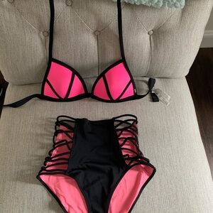 Pink and Black Strappy Bikini Set